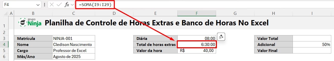 Soma do Total de Horas Extras no Excel