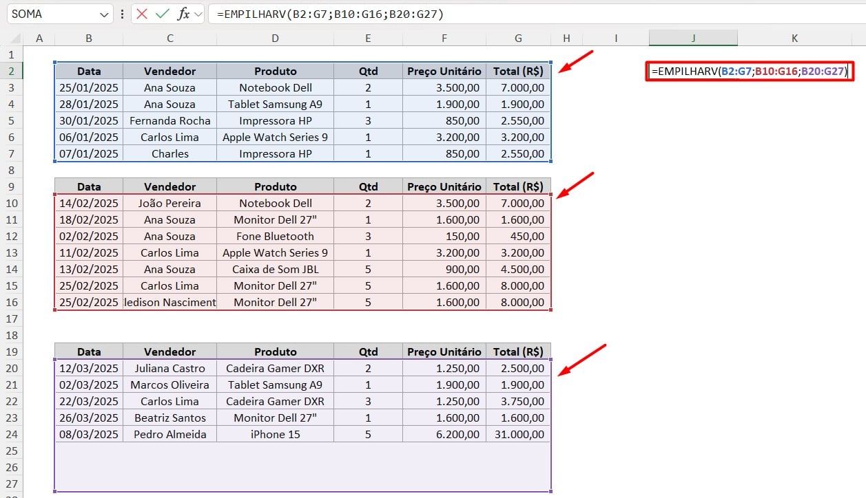 Aplicando a Função EMPILHARV no Excel