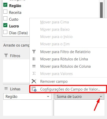 Configurando o Campo Valor no Excel