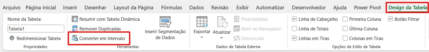 Convertendo Tabela para Intervalo no Excel