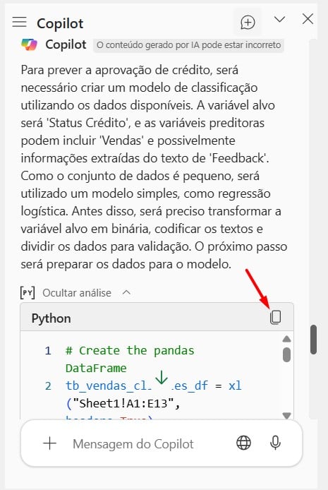 Resultado de Prompt Enviado ao Copilot no Excel