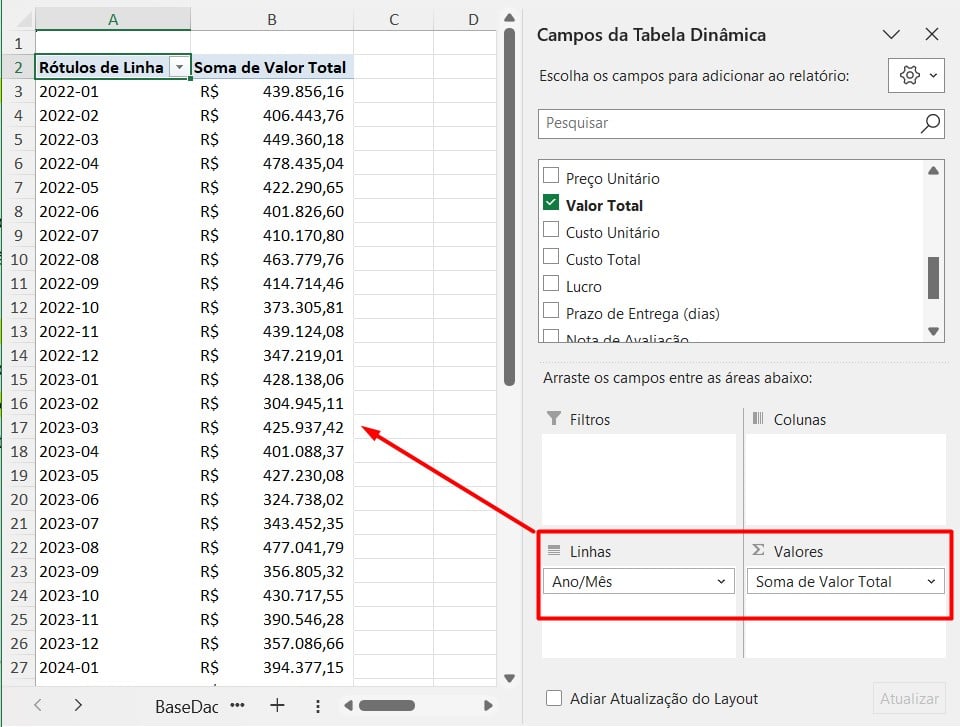Total de Vendas por Mês e Ano no Excel