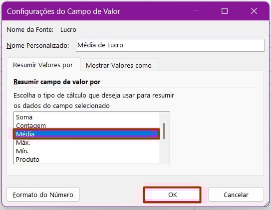 Configurando o Campo Valor no Excel