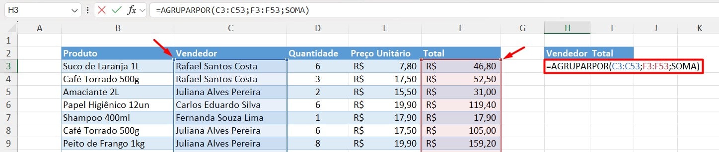 Função AGRUPARPOR no Excel