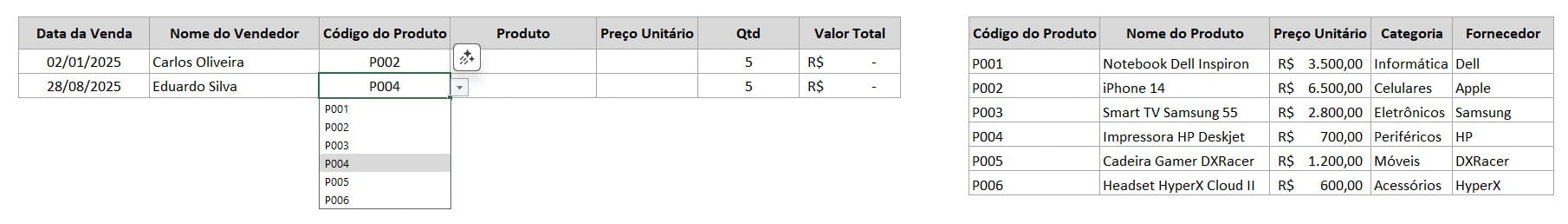 Registro de Produtos no Excel