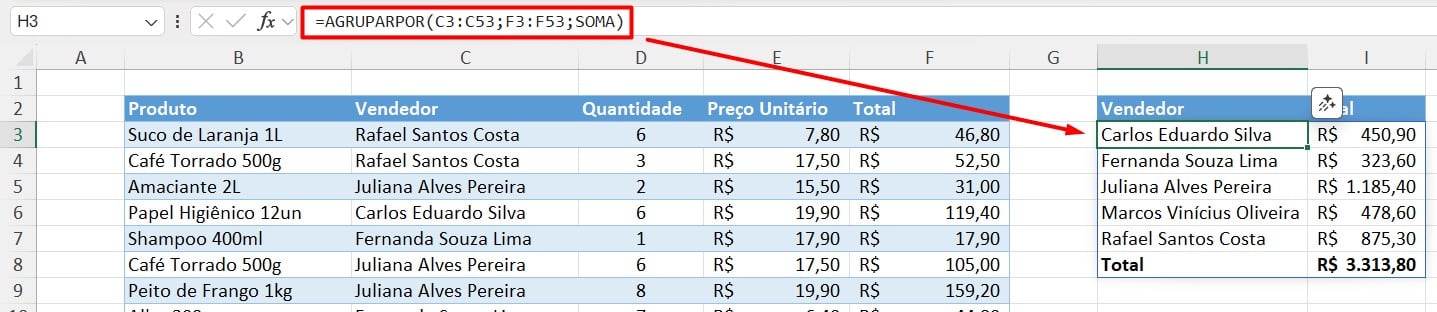 Função AGRUPARPOR no Excel