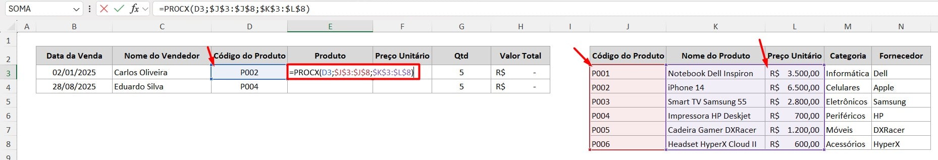 Função PROCX no Excel