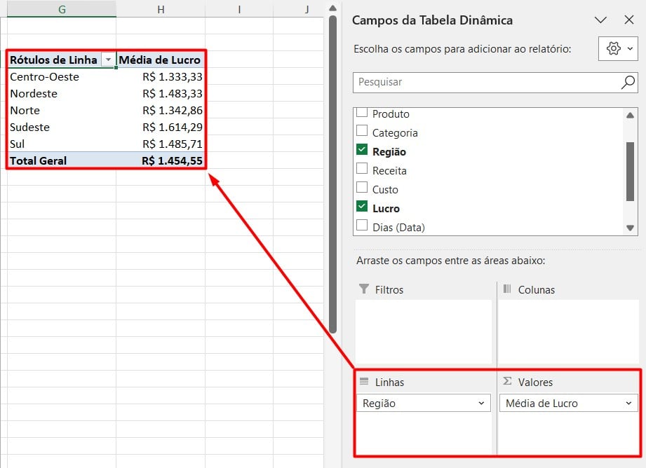 Média de Lucro por Região no Excel