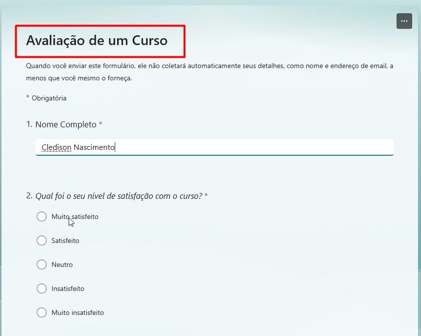 Preenchendo o Formulário no Excel