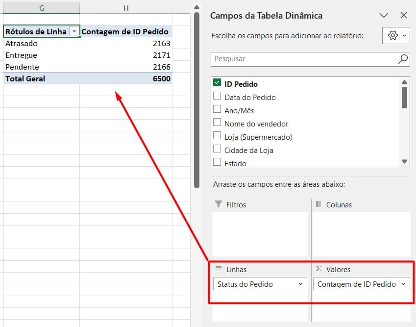 Total por Status do Pedido no Excel