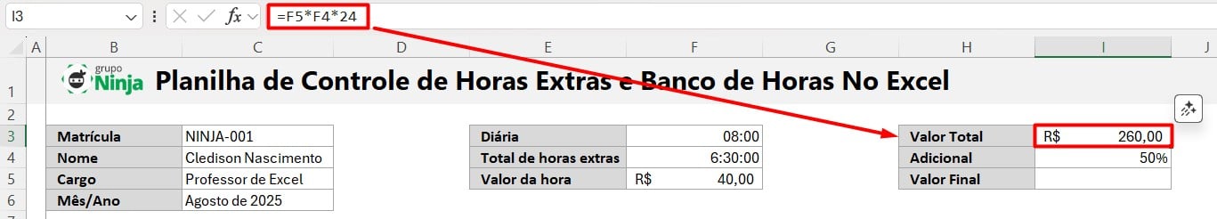 Cálculo de Valor Total de Horas no Excel