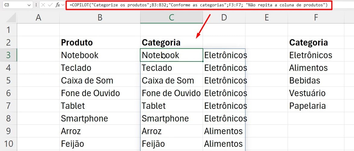 Função COPILOT para Categorizar Dados no Excel