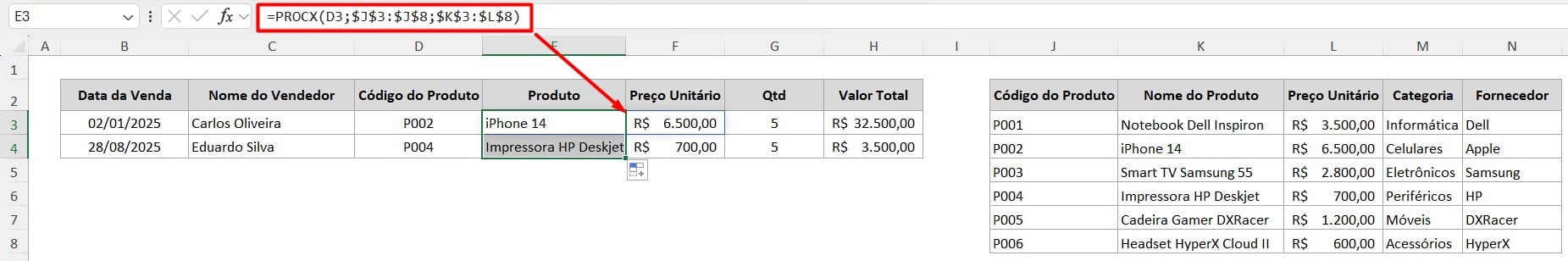 Função PROCX no Excel