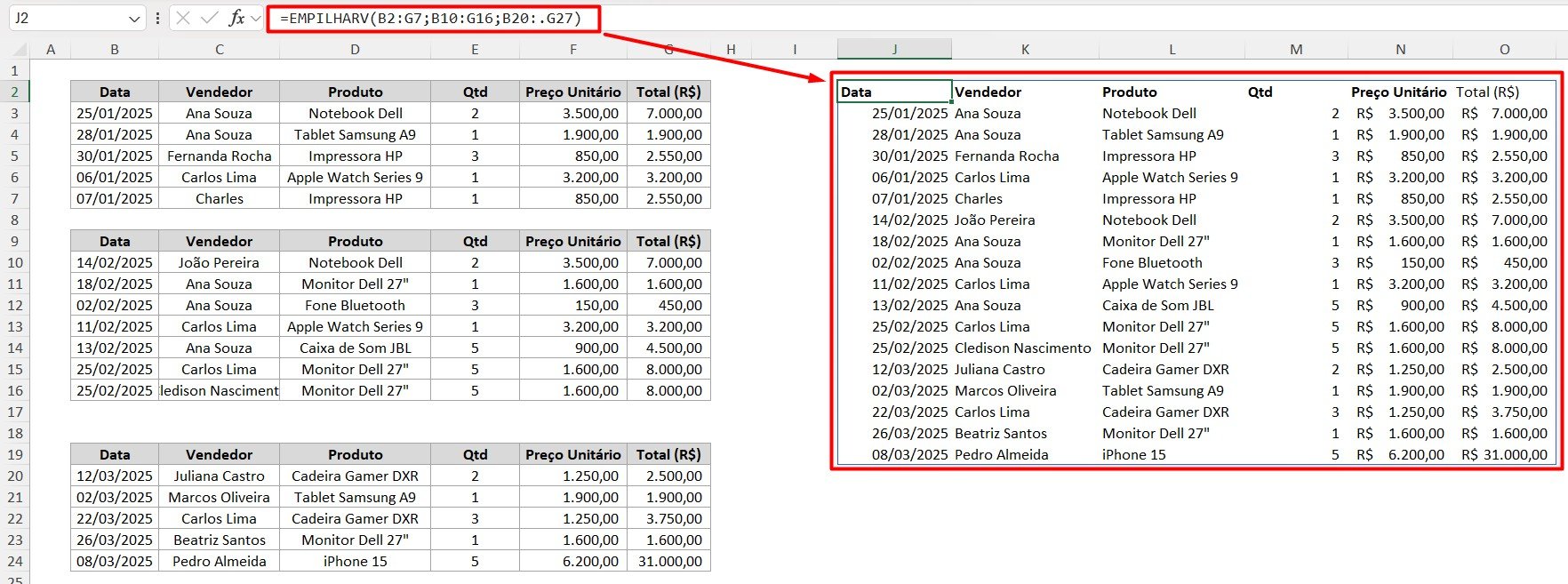 Intervalo com Ajustes na Função EMPILHARV no Excel