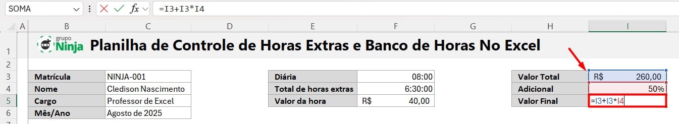 Cálculo de Valor Final de Horas no Excel