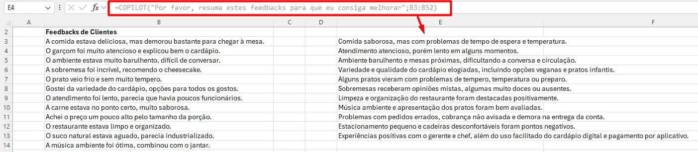 Análise de Feedbacks com Copilot no Excel