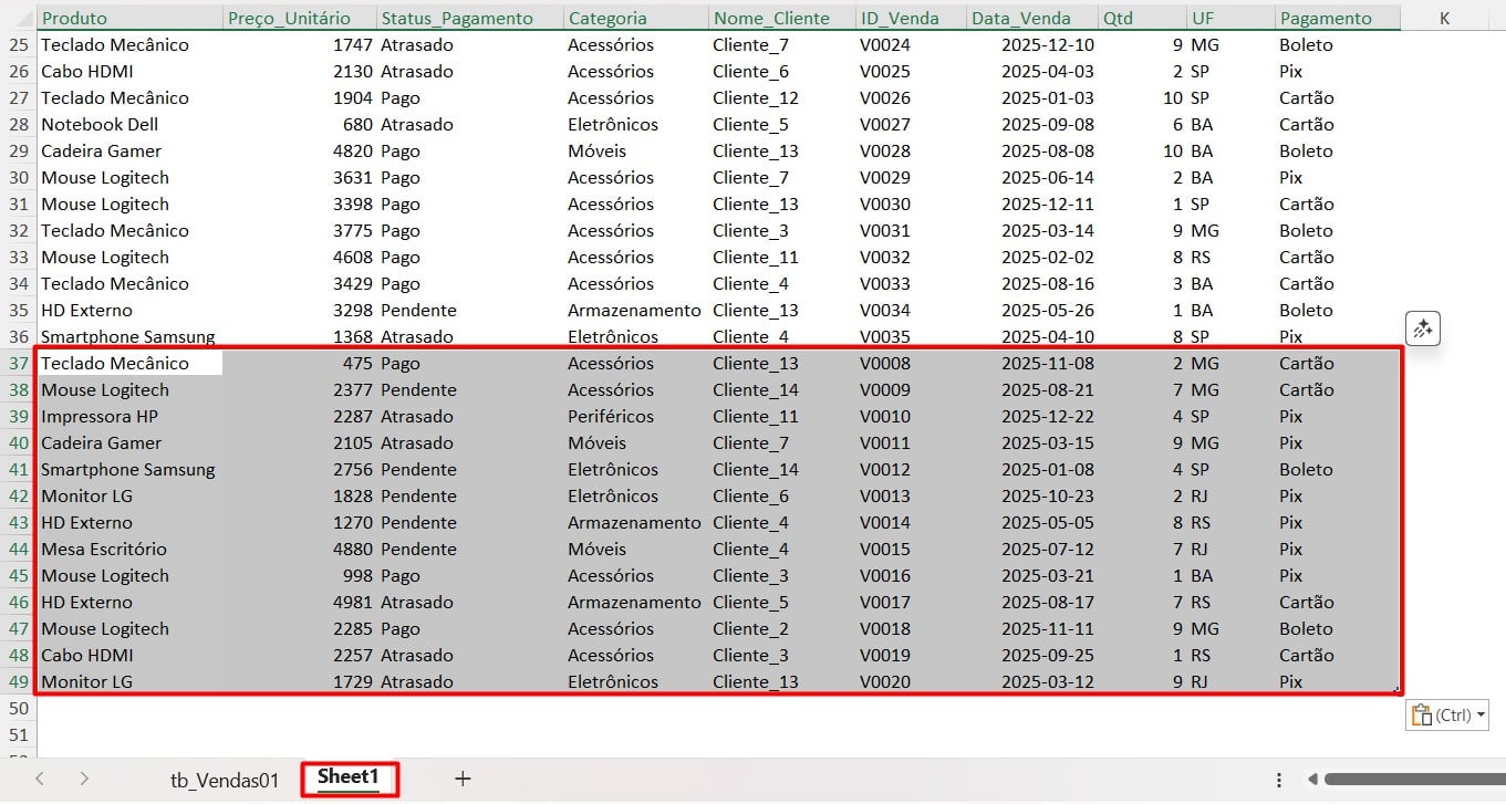 Colando Dados na Tabela Original do Excel