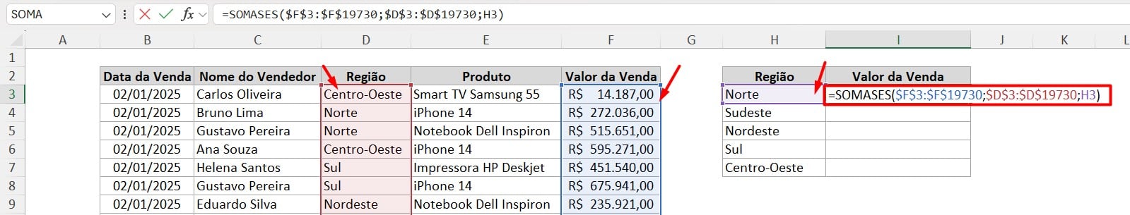 Função SOMASES no Excel