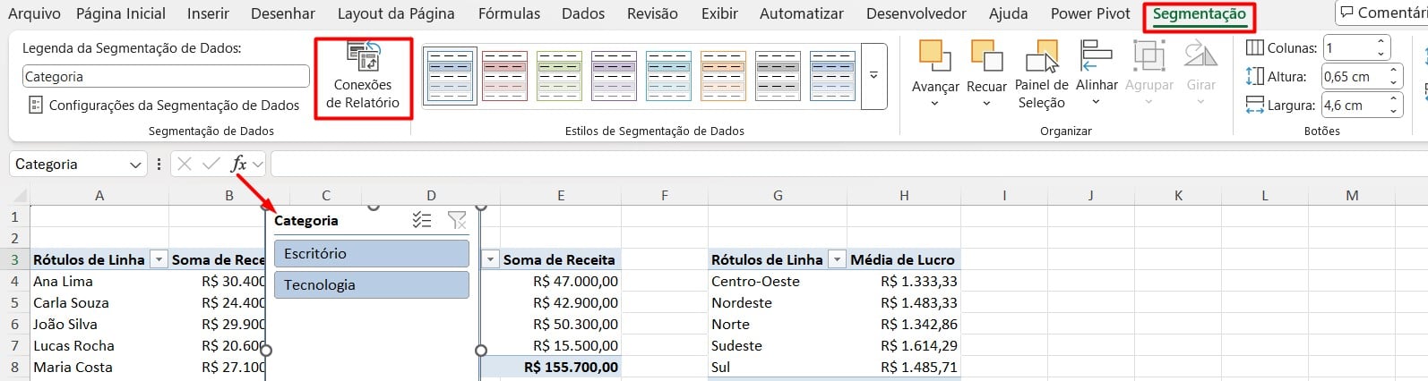 Criando Conexões de Relatórios na Segmentação no Excel