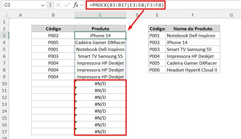 Erro na Função PROCX no Excel
