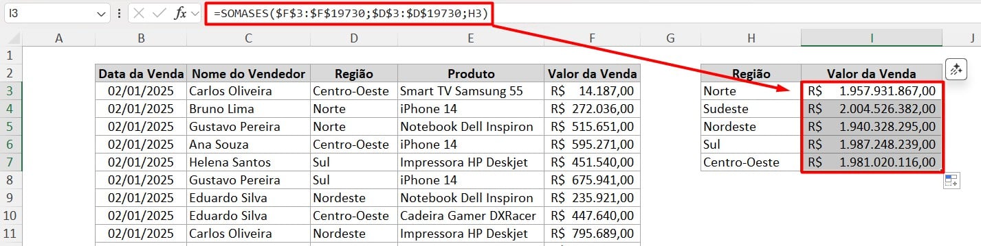 Função SOMASES no Excel