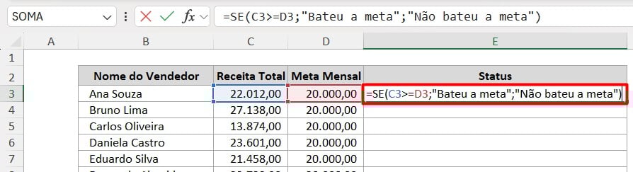 Função SE no Excel