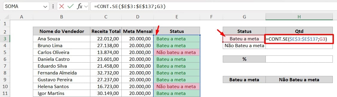 Função CONT.SE no Excel