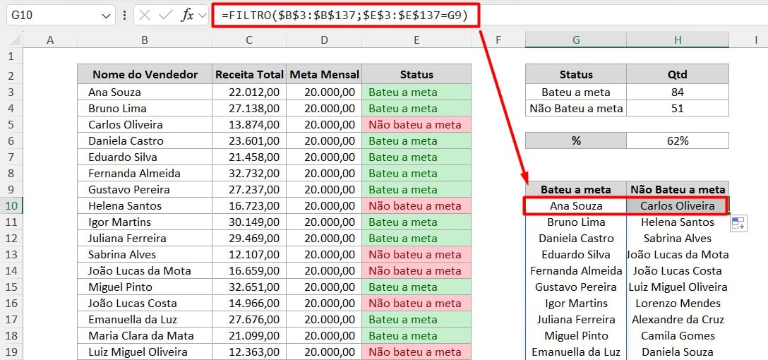 Função FILTRO no Excel