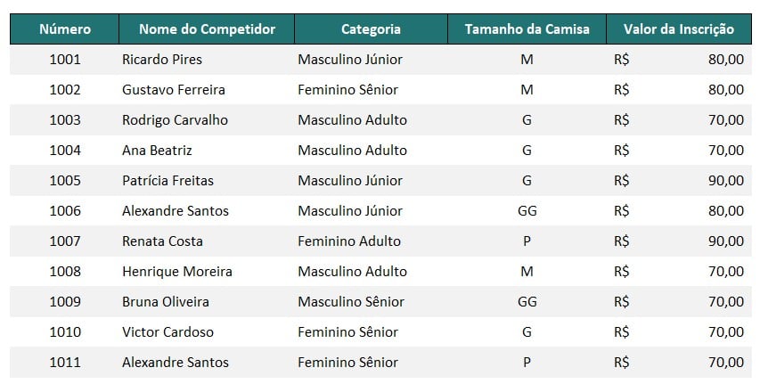 Registro de Corredores no Excel