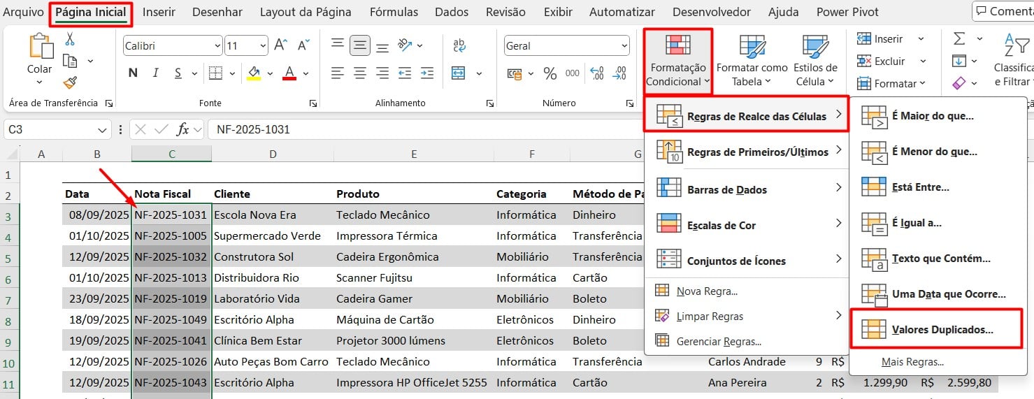 Destacando Valores Duplicados com Formatação Condicional no Excel