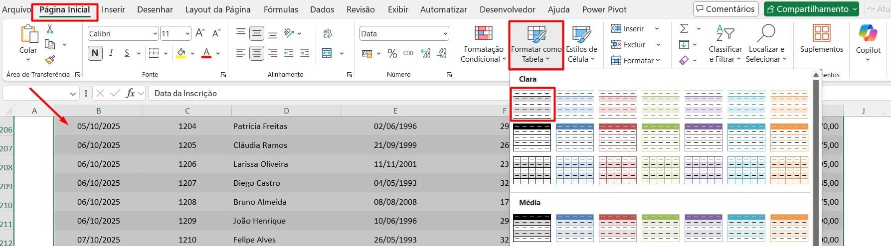 Formatando Dados Como Tabela no Excel