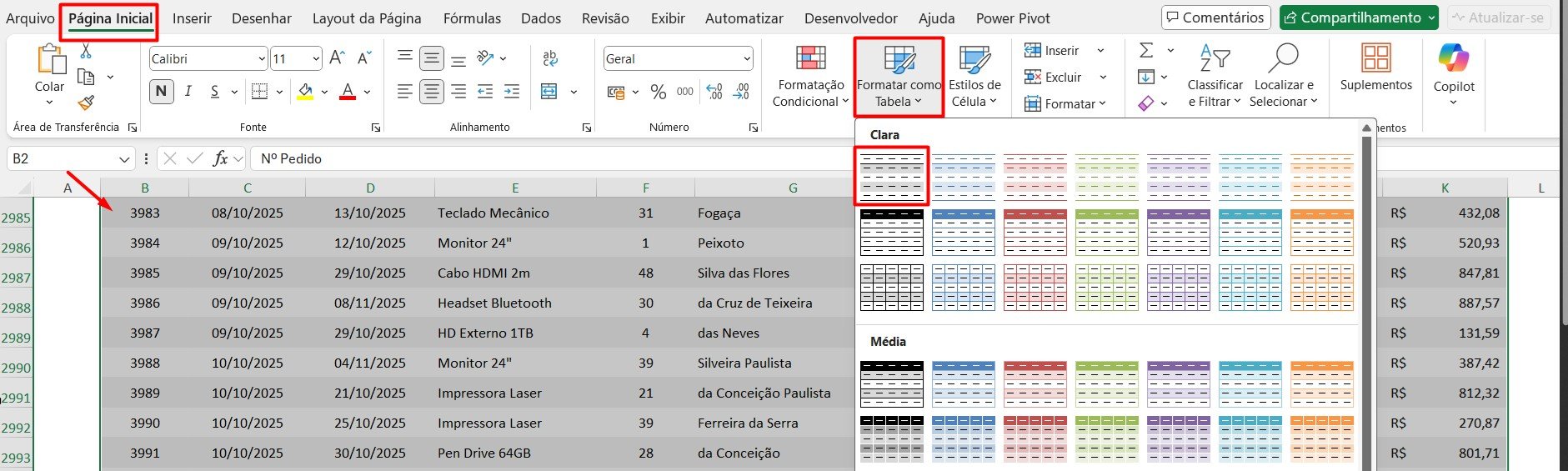 Formatando Dados como Tabela no Excel