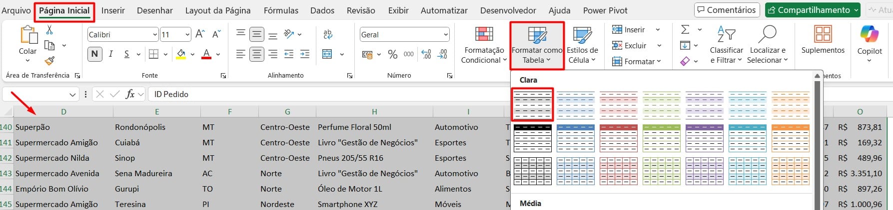 Formatando Dados como Tabela no Excel
