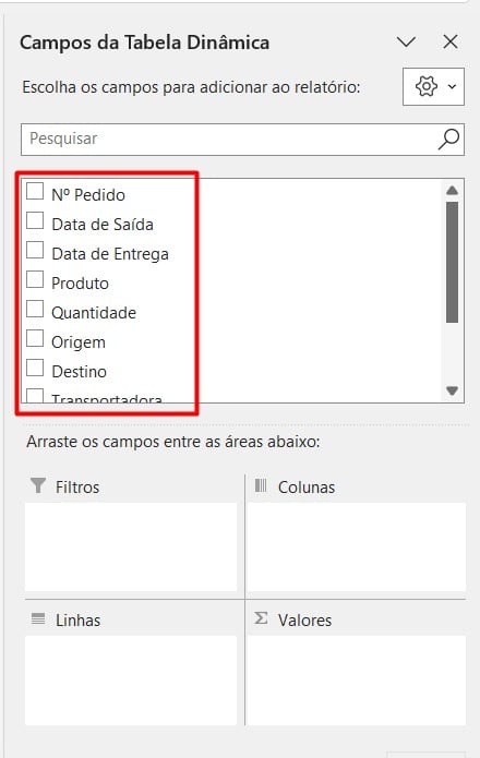 Campos da Tabela Dinâmica no Excel