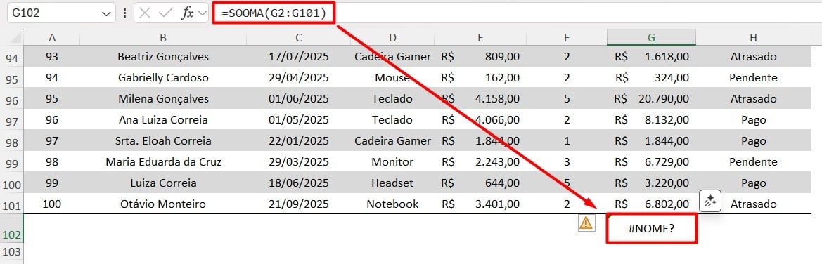 Erro no Nome da Função no Excel