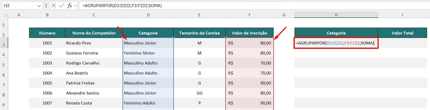 Função AGRUPARPOR no Excel