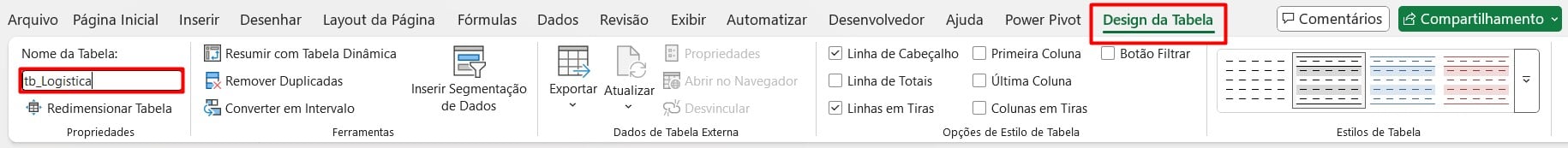 Nomeando Tabela no Excel