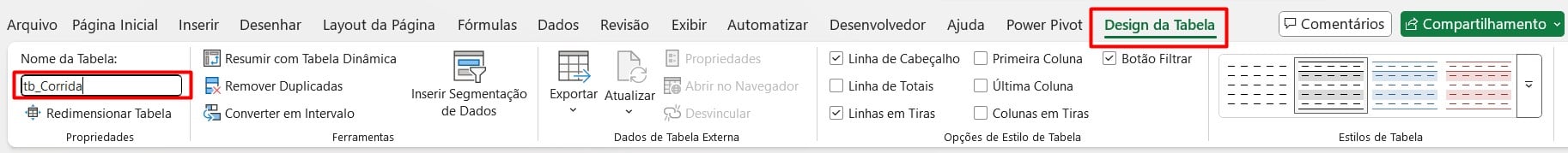 Nomeando Tabela no Excel
