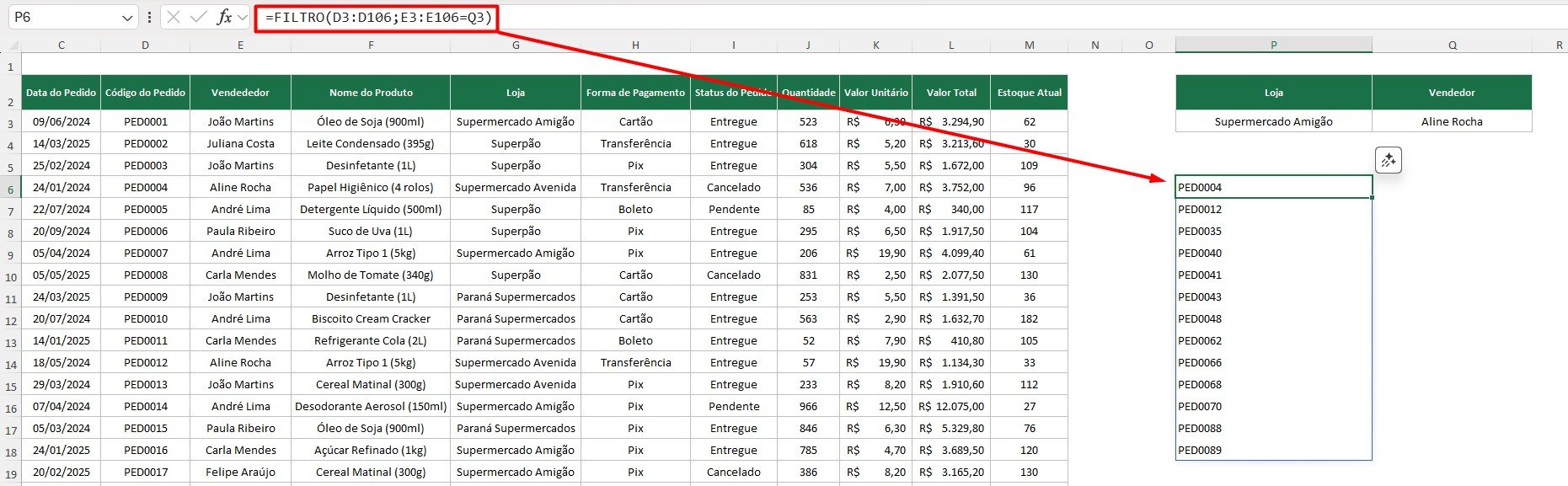 Resultado da Função FILTRO no Excel