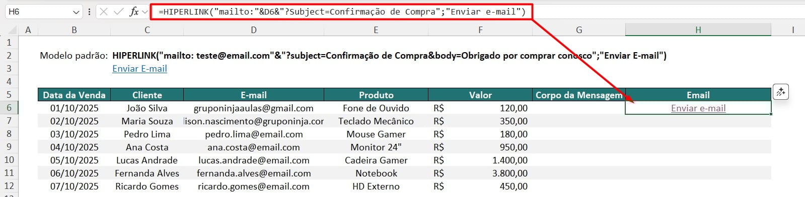Resultado da Função HIPERLINK no Excel