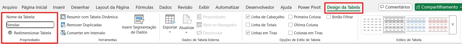 Nomeando a Tabela de Vendas no Excel