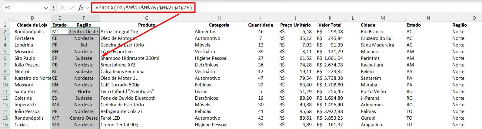 Resultado da Função PROCX no Excel