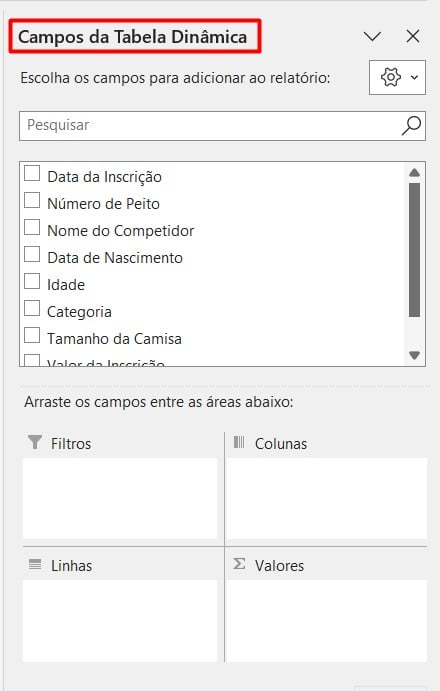 Campos da Tabela Dinâmica no Excel