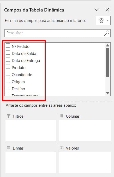 Campos da Tabela Dinâmica no Excel