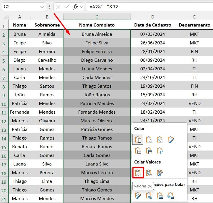 Colando Apenas Valores no Excel