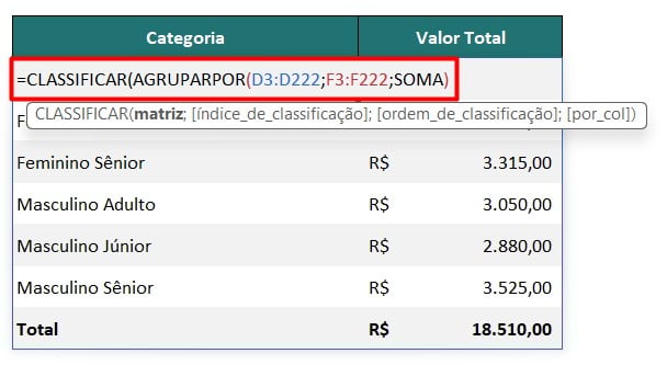 Função CLASSIFICAR e AGRUPARPOR no Excel