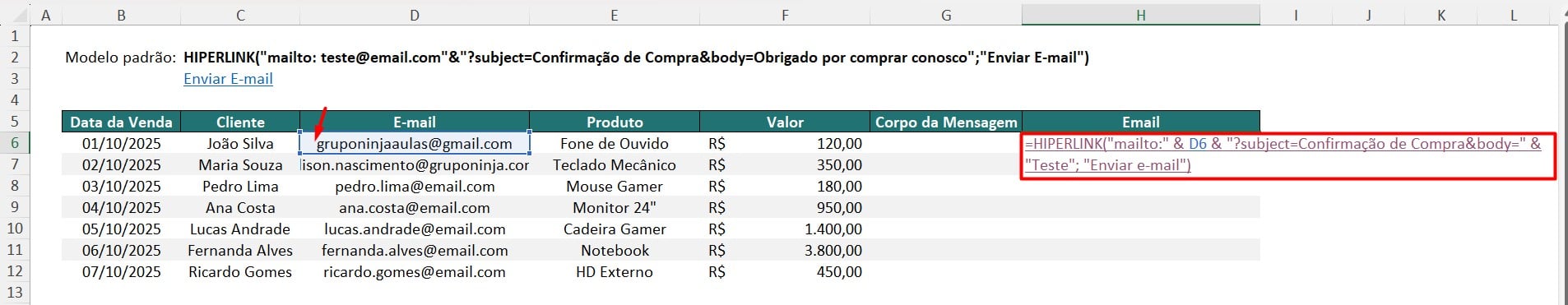 Resultado da Função HIPERLINK no Excel