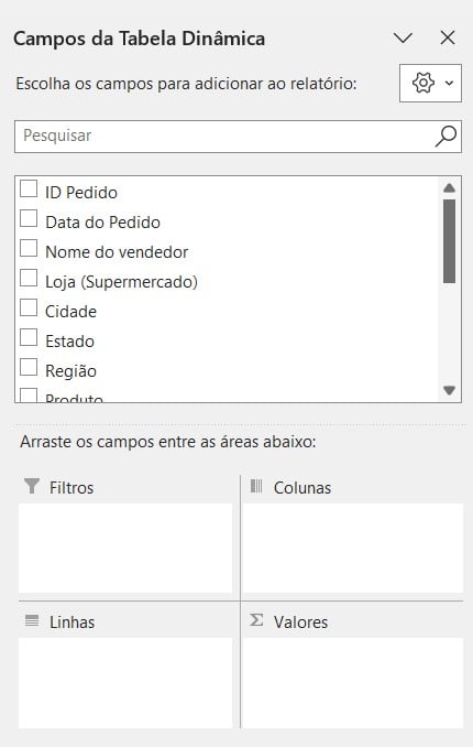 Campos da Tabela Dinâmica no Excel