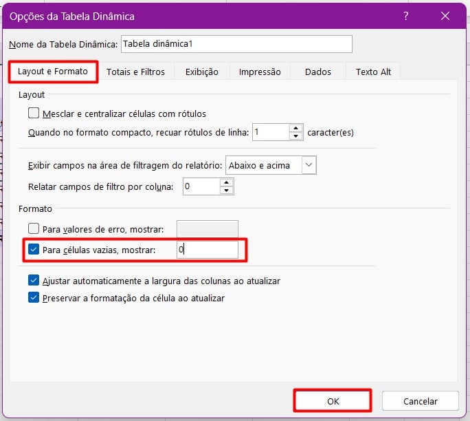 Configurando a Tabela Dinâmica no Excel