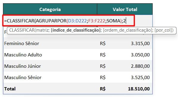 Função CLASSIFICAR e AGRUPARPOR no Excel